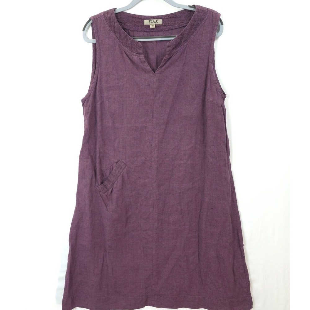 FLAX Linen Tunic Shift Dress Purple Sleeveless Pocket Boho Lagenlook Women M